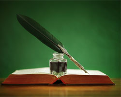 Image showing quill and ink on open minute book